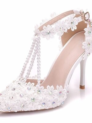 Bridal High Heel Lace Pointed Toe Ankle Strap Shoes - Image 1