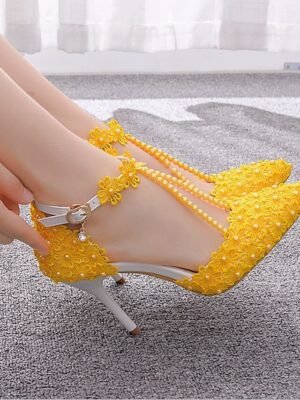 Bridal High Heel Lace Pointed Toe Ankle Strap Shoes - Image 11