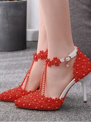 Bridal High Heel Lace Pointed Toe Ankle Strap Shoes - Image 14