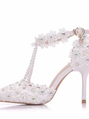 Bridal High Heel Lace Pointed Toe Ankle Strap Shoes - Image 2