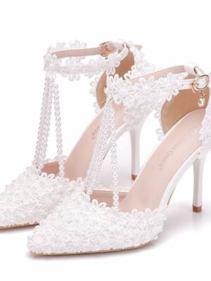 Bridal High Heel Lace Pointed Toe Ankle Strap Shoes - Image 3