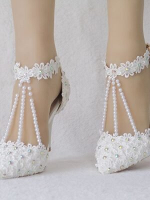 Bridal High Heel Lace Pointed Toe Ankle Strap Shoes - Image 5