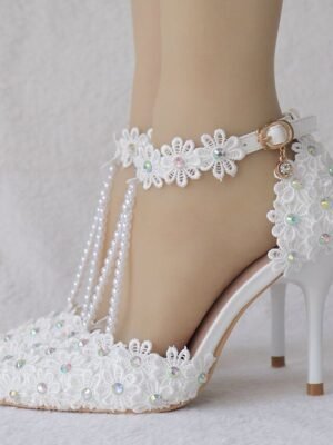 Bridal High Heel Lace Pointed Toe Ankle Strap Shoes - Image 6