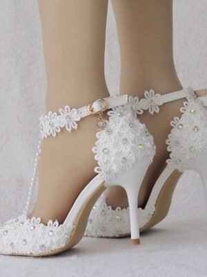 Bridal High Heel Lace Pointed Toe Ankle Strap Shoes - Image 7