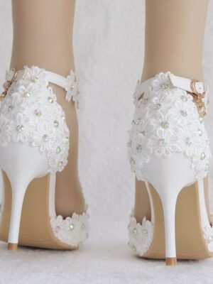 Bridal High Heel Lace Pointed Toe Ankle Strap Shoes - Image 8