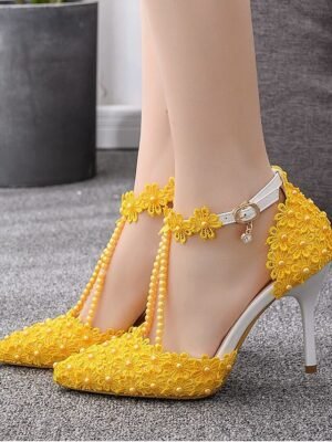 Bridal High Heel Lace Pointed Toe Ankle Strap Shoes - Image 9