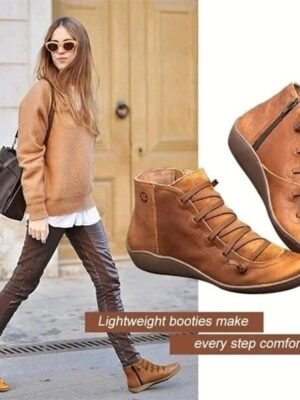 Casual Ankle Brown Leather Round Toe Boots - Image 2
