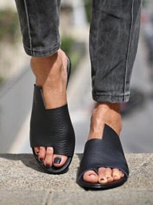Casual Black Leather Open Toe Slide Sandals - Image 1
