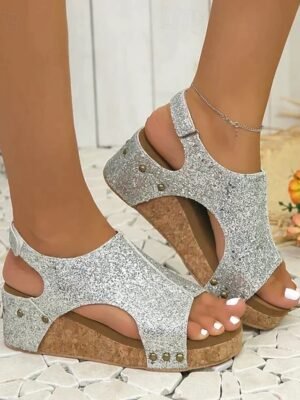 Casual Black Slip-On Rivet Open-Toe Cork Wedge Sandals - Image 14