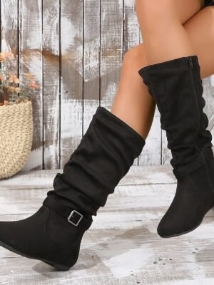 Casual Black Slouchy Buckle Mid-Calf Flat Heel Boots - Image 1