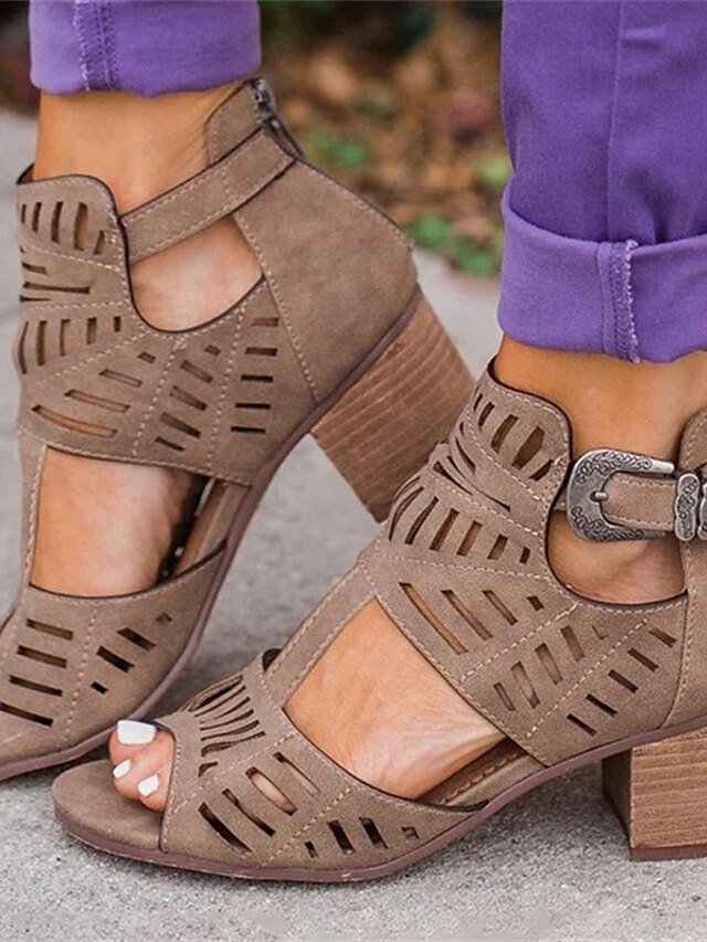 Casual Block Heel Faux Suede Peep Toe Ankle Strap Sandals - Image 1