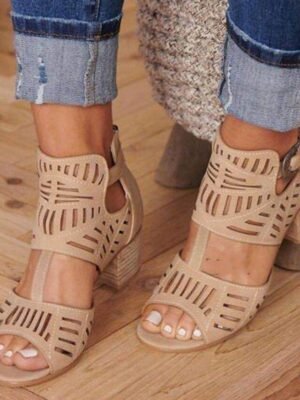 Casual Block Heel Faux Suede Peep Toe Ankle Strap Sandals - Image 6