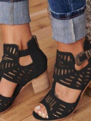 Casual Block Heel Faux Suede Peep Toe Ankle Strap Sandals - Image 7