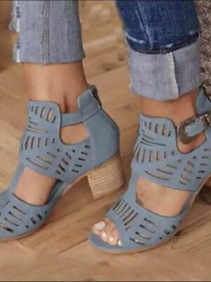Casual Block Heel Faux Suede Peep Toe Ankle Strap Sandals - Image 8
