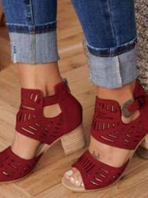 Casual Block Heel Faux Suede Peep Toe Ankle Strap Sandals - Image 9