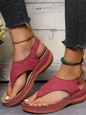 Casual Boho Open Toe T-Strap Wedge Sandals - Image 1