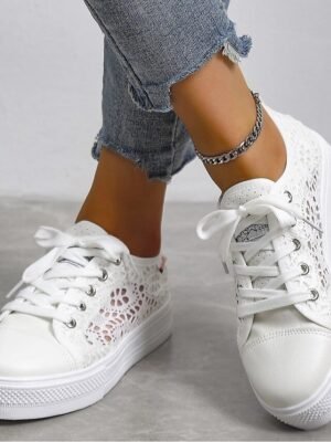 Casual Breathable Lace-Up White Sneakers - Image 1