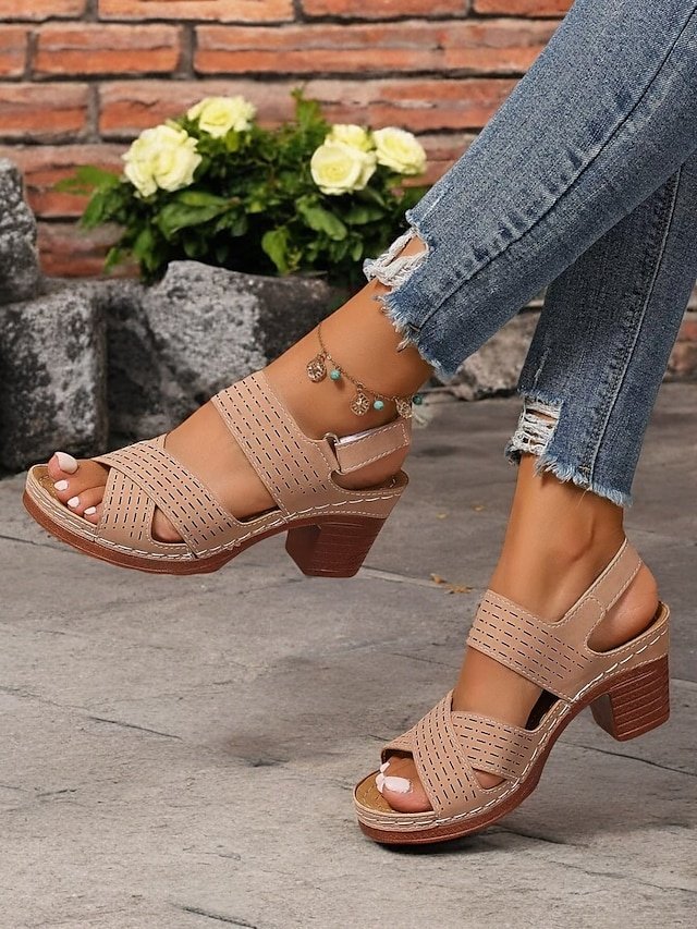 Casual Chunky Heel Faux Leather Adjustable Strap Sandals - Image 2