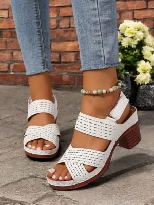Casual Chunky Heel Faux Leather Adjustable Strap Sandals - Image 3