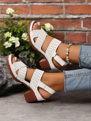 Casual Chunky Heel Faux Leather Adjustable Strap Sandals - Image 4