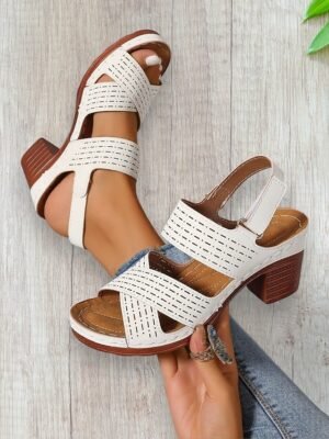 Casual Chunky Heel Faux Leather Adjustable Strap Sandals - Image 5
