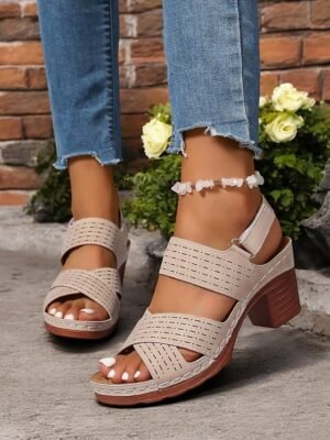 Casual Chunky Heel Faux Leather Adjustable Strap Sandals - Image 6
