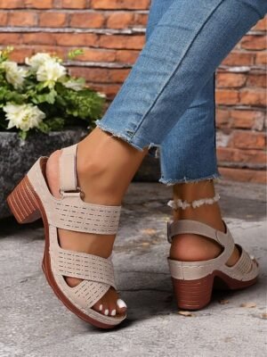 Casual Chunky Heel Faux Leather Adjustable Strap Sandals - Image 7