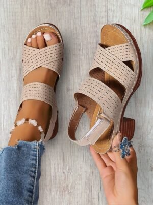 Casual Chunky Heel Faux Leather Adjustable Strap Sandals - Image 8