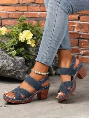 Casual Chunky Heel Faux Leather Adjustable Strap Sandals - Image 9