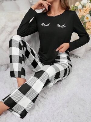 Casual Comfort Cartoon Plaid Crew Neck Long Sleeve Pajama Set - Image 4