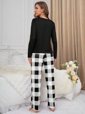 Casual Comfort Cartoon Plaid Crew Neck Long Sleeve Pajama Set - Image 5