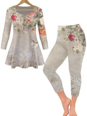 Casual Comfort Cat Flower Crew Neck Long Sleeve Loungewear Set - Image 1