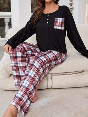 Casual Comfort Grid Crew Neck Long Sleeve Pajama Set - Image 2