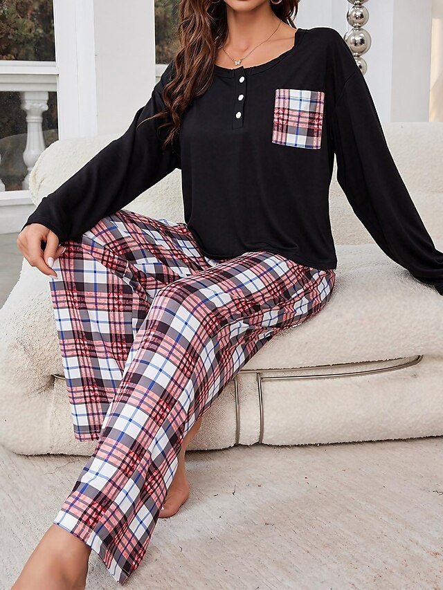 Casual Comfort Grid Crew Neck Long Sleeve Pajama Set - Image 2