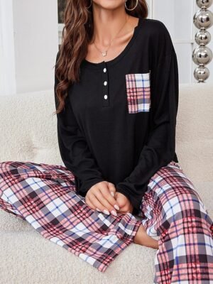 Casual Comfort Grid Crew Neck Long Sleeve Pajama Set - Image 3