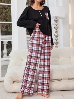 Casual Comfort Grid Crew Neck Long Sleeve Pajama Set - Image 4