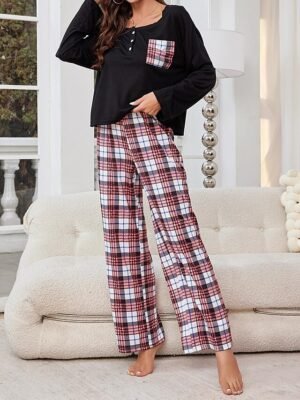 Casual Comfort Grid Crew Neck Long Sleeve Pajama Set - Image 5