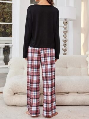 Casual Comfort Grid Crew Neck Long Sleeve Pajama Set - Image 6