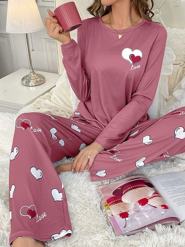 Casual Comfort Heart Crew Neck Long Sleeve Pajama Set - Image 1