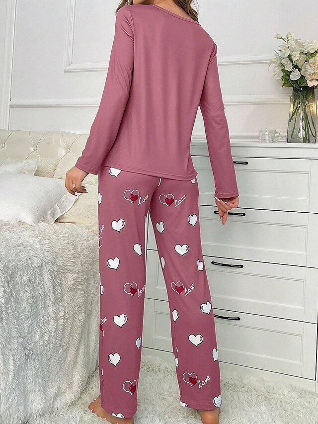 Casual Comfort Heart Crew Neck Long Sleeve Pajama Set - Image 2