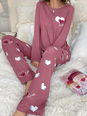 Casual Comfort Heart Crew Neck Long Sleeve Pajama Set - Image 3