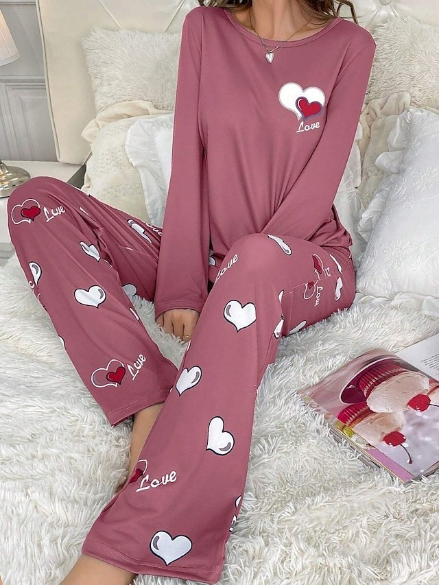 Casual Comfort Heart Crew Neck Long Sleeve Pajama Set - Image 3