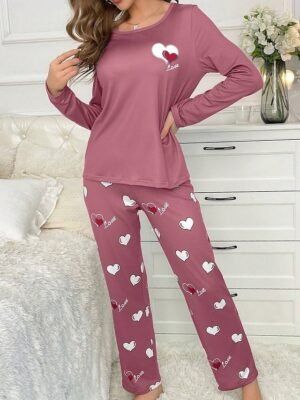 Casual Comfort Heart Crew Neck Long Sleeve Pajama Set - Image 4