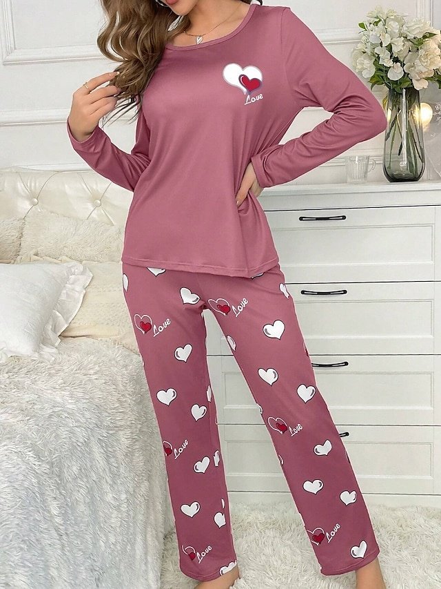 Casual Comfort Heart Crew Neck Long Sleeve Pajama Set - Image 4