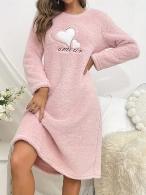 Casual Comfort Heart Embroidered Crew Neck Long Sleeve Midi Loungewear Nightgown - Image 1