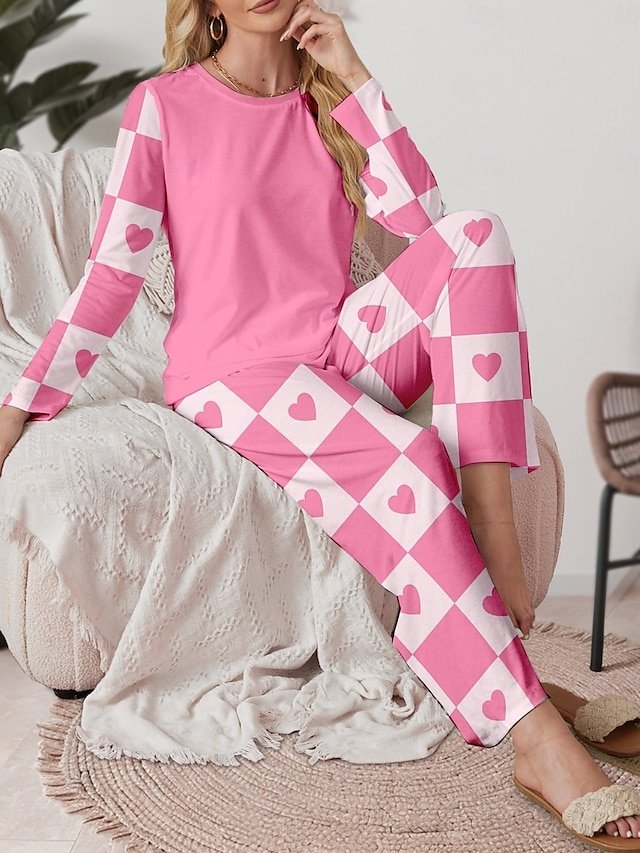 Casual Comfort Heart Grid Crew Neck Long Sleeve Pajama Set - Image 1