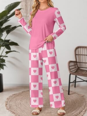 Casual Comfort Heart Grid Crew Neck Long Sleeve Pajama Set - Image 3