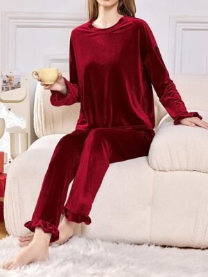 Casual Comfort Pure Colour Crew Neck Long Sleeve Pajama Set - Image 1