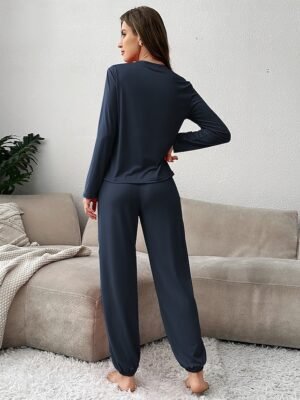 Casual Comfort Pure Colour Crew Neck Long Sleeve Pajama Set - Image 14