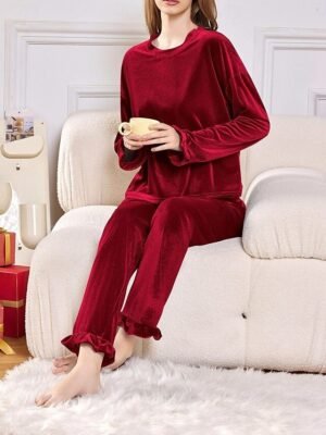 Casual Comfort Pure Colour Crew Neck Long Sleeve Pajama Set - Image 2